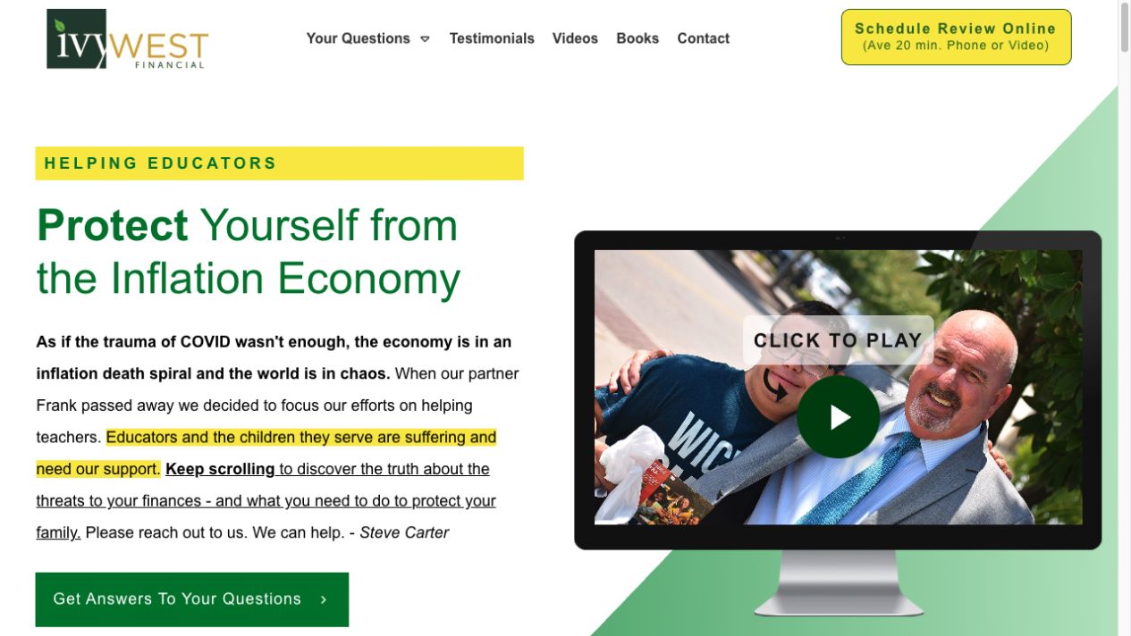 IvyWest Financial homepage with green typography and an introductory video preview