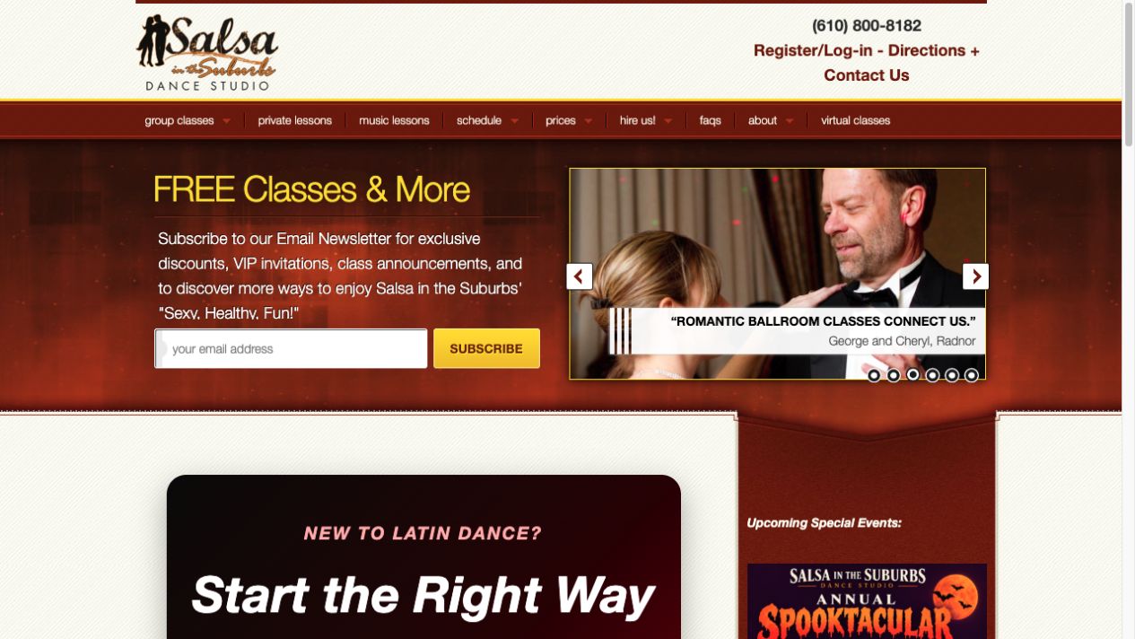 Salsa in the Suburbs homepage with a warm red palette, dance photography and beginner class invitation