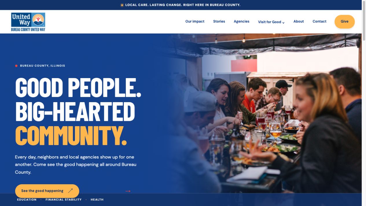 United Way design draft with bold blue and yellow typography and a community gathering photograph